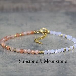 Natural Faceted Moonstone & Sunstone Bracelet With 14K Gold Plated Accents